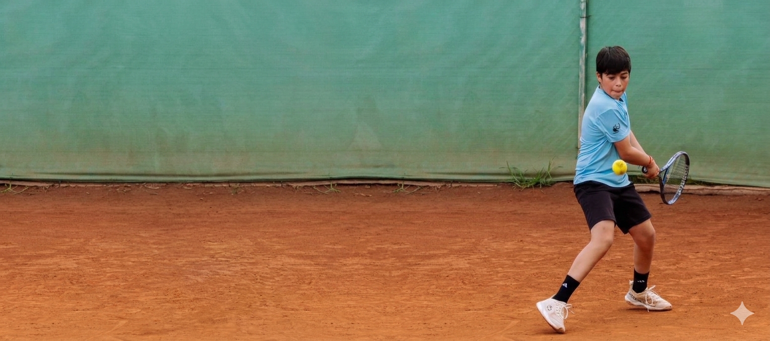 Jugador de Tenis Futuro celebrando en cancha de polvo de ladrillo