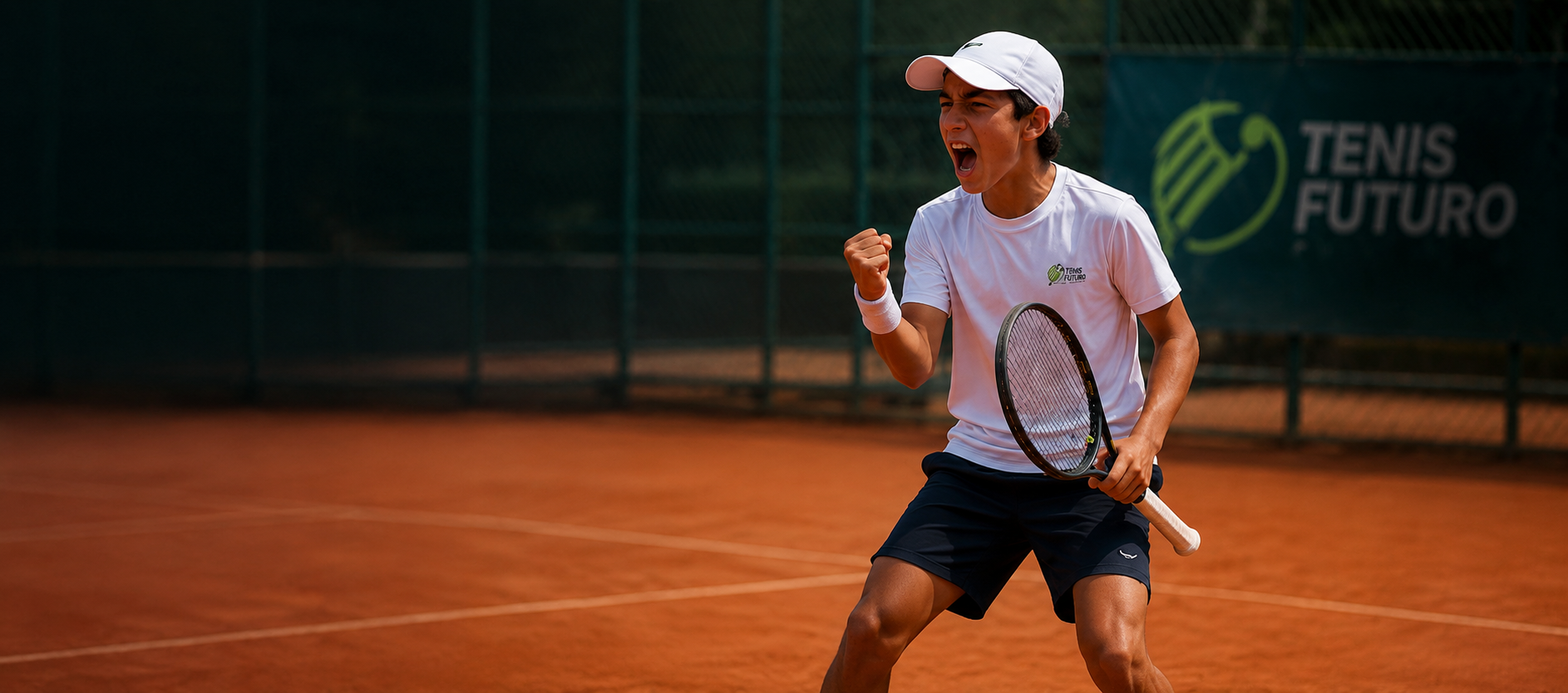 Jugador de Tenis Futuro celebrando en cancha de polvo de ladrillo